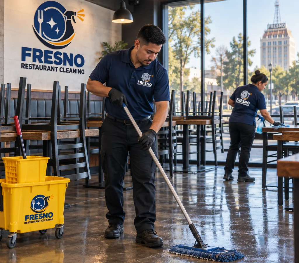 Professional restaurant cleaners mopping and detailing a Fresno restaurant dining area during off-hours