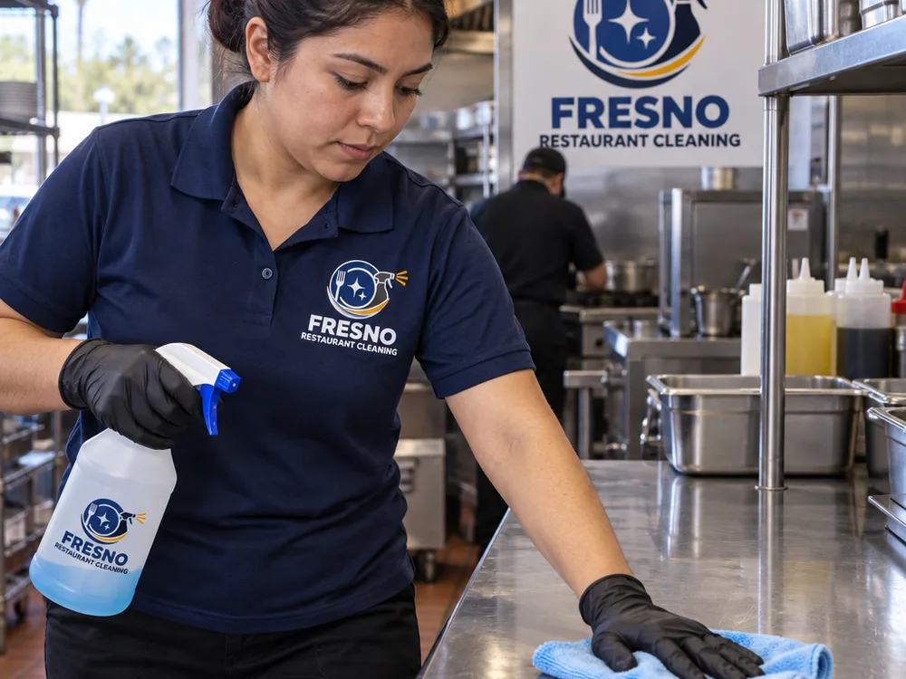 Cleaner wiping stainless steel prep surfaces and high-touch points in a commercial kitchen