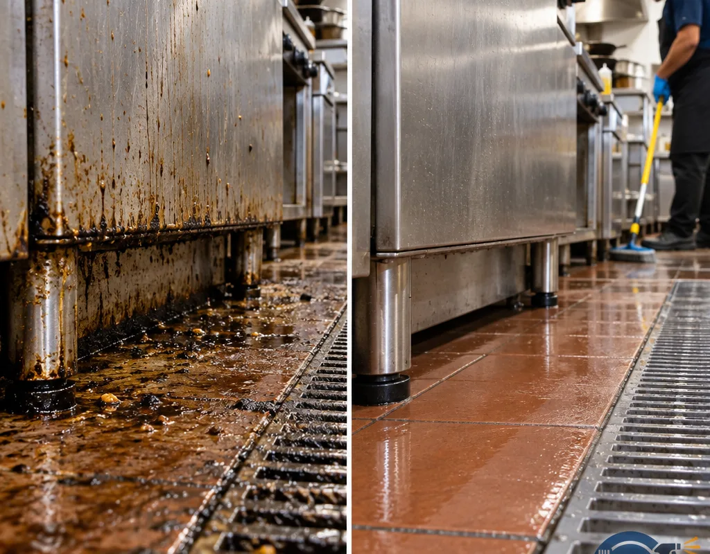 Before-and-after comparison of a greasy cook line floor edge and the same area after degreasing and scrubbing