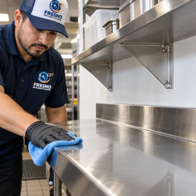 Clean stainless prep table edge, shelf brackets, and backsplash without visible residue or streaking
