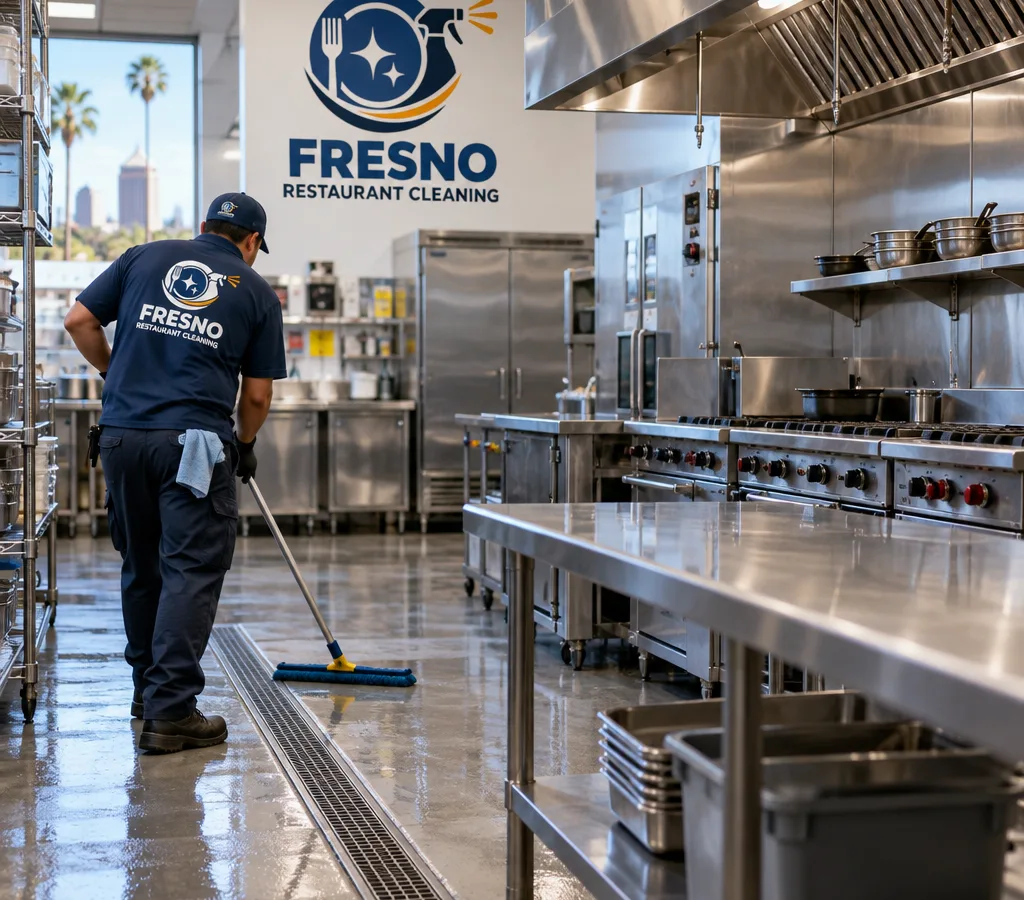 Deep-cleaned Fresno restaurant kitchen with stainless prep tables, hood line, and floor drains visible after service