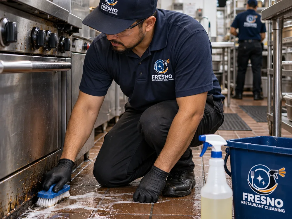 Cleaner in PPE detailing a commercial kitchen floor edge near a cook line with degreaser and scrub tools