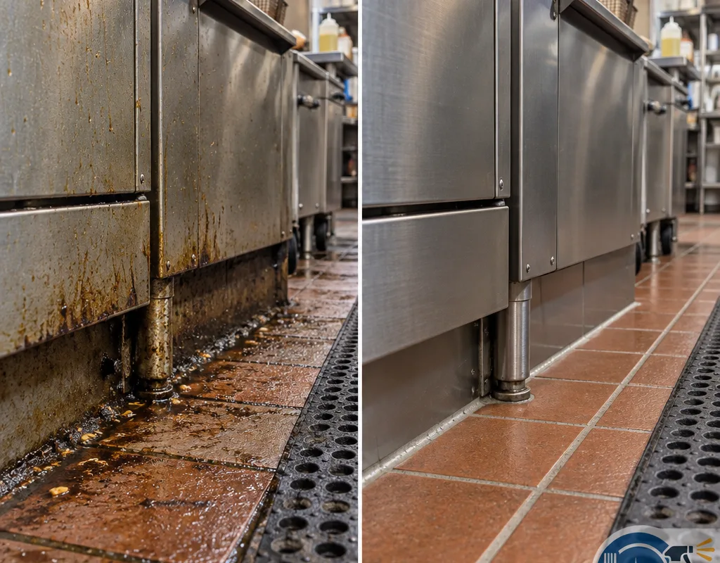 Before-and-after view of a commercial kitchen floor edge and grout line near fryers