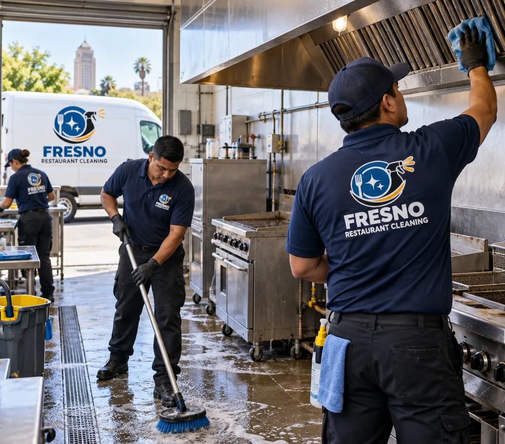 Professional restaurant cleaners deep-cleaning a commercial kitchen line with stainless equipment pulled away from the wall