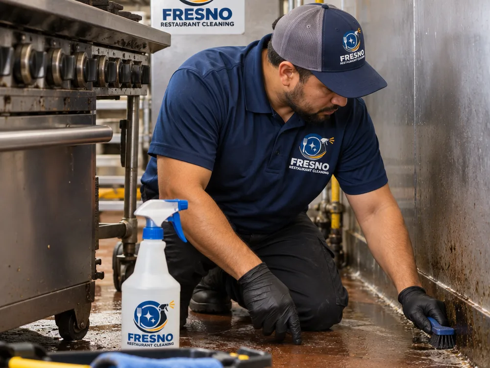 Cleaner performing detailed degreasing behind a commercial range with equipment pulled forward