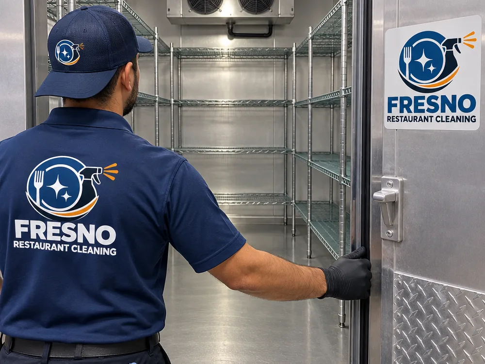 Walk-in cooler interior with clean shelving, spotless floor corners, and a cleaned door track