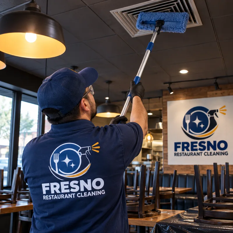Technician high-dusting restaurant ceiling vents and light fixtures after hours