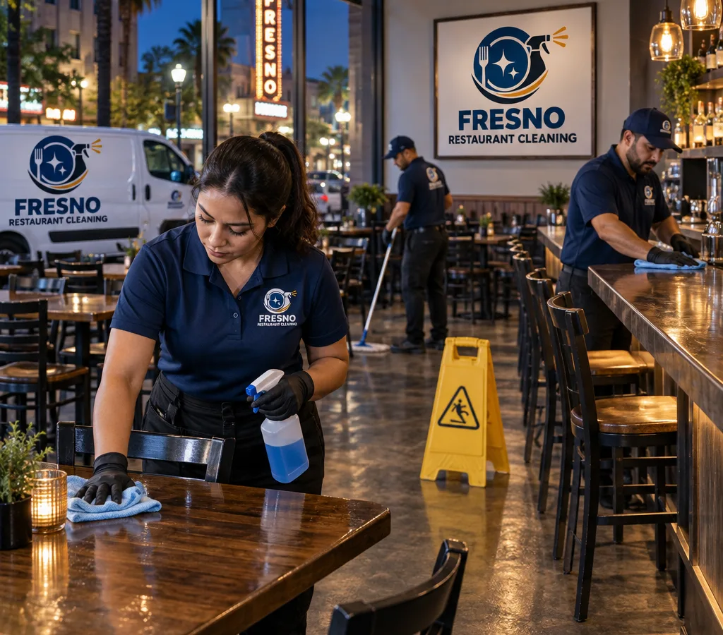 Uniformed cleaning crew servicing a Fresno restaurant dining room and bar after hours