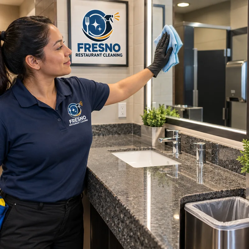 Streak-free restaurant restroom mirror and counter with a neatly relined trash can