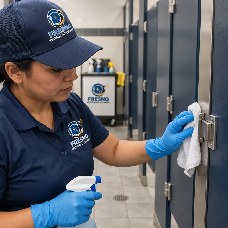 Clean restaurant restroom stall partitions, disinfected door latches, detailed corners, and a dry floor
