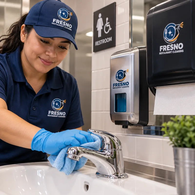 Clean polished restroom sink and faucet without water spots beside refilled soap and paper towel dispensers