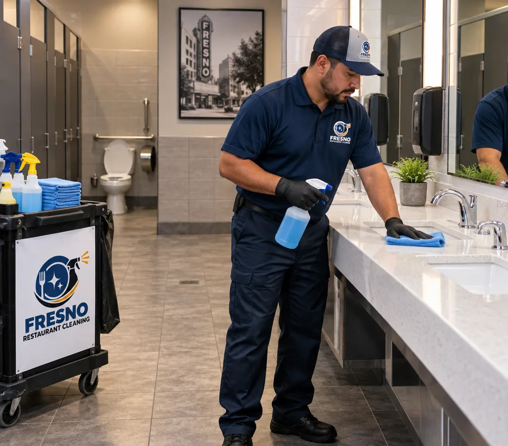 Freshly cleaned restaurant restroom with sanitized fixtures, stocked dispensers, spotless mirrors, and dry floors after hours