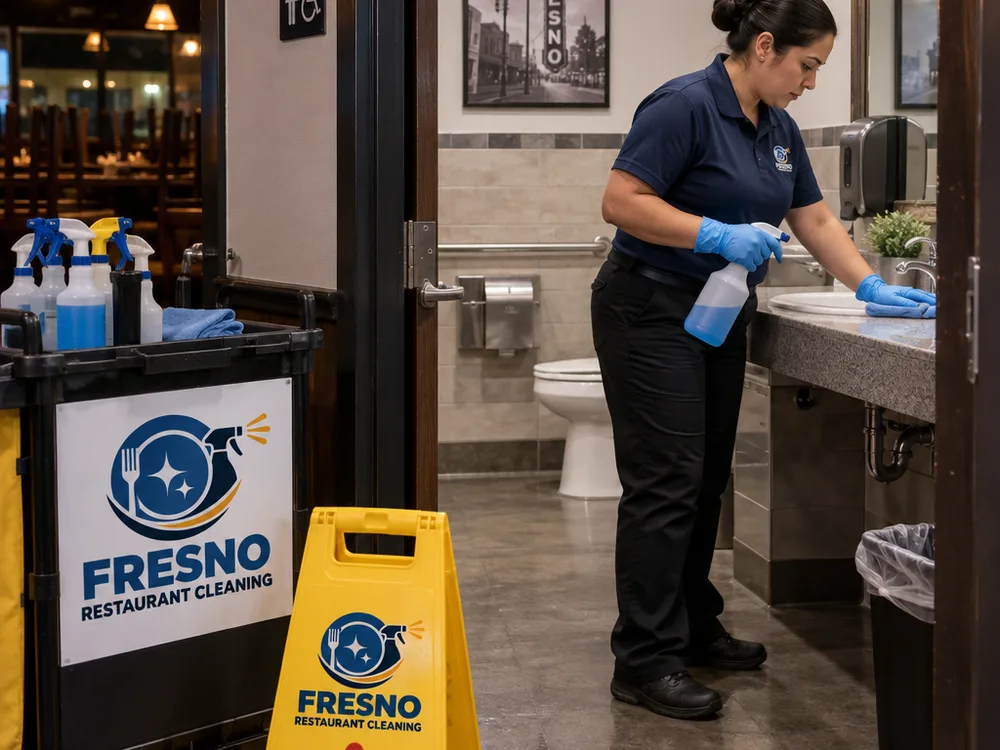 Janitorial technician disinfecting a restaurant restroom at night with a cleaning cart and wet floor sign staged nearby