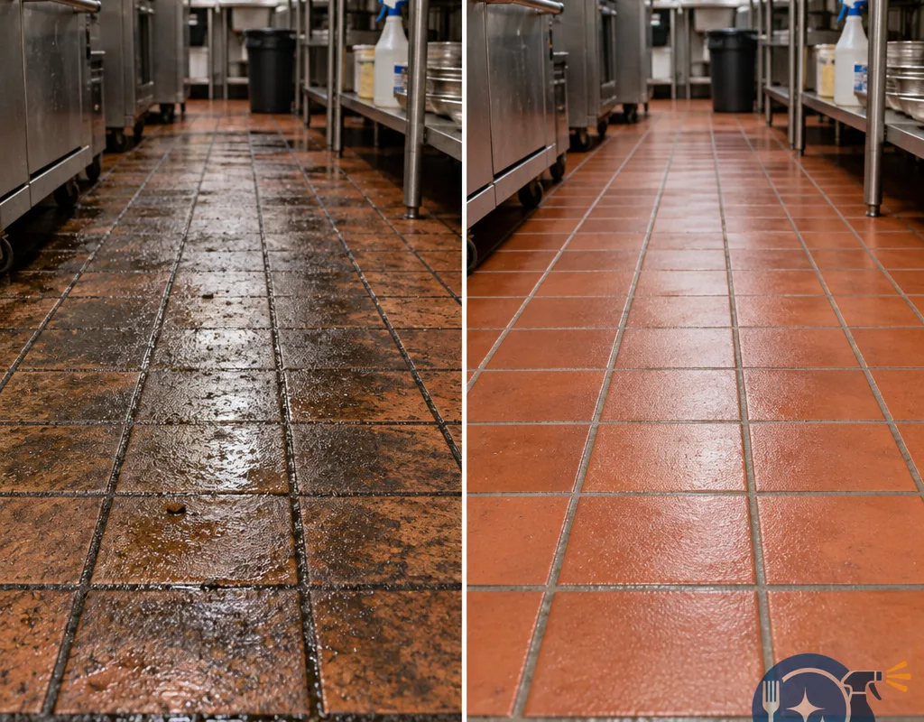 Before-and-after comparison of greasy quarry tile with cleaner tile texture and lighter grout after service
