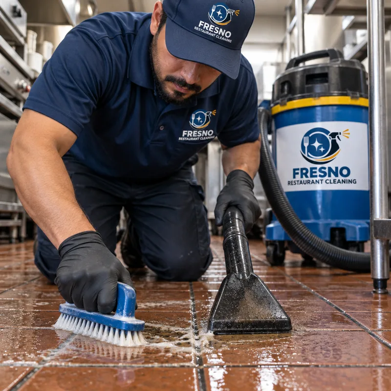 Grout line being scrubbed while a wet vacuum recovers dirty water on a commercial kitchen tile floor