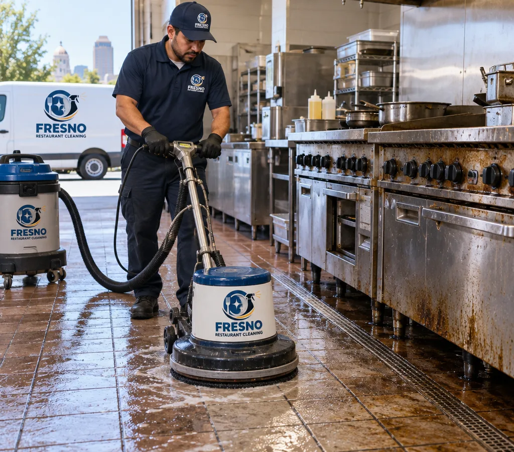 Technician cleaning a commercial restaurant kitchen tile floor with a rotary scrubber and wet vac near a cook line