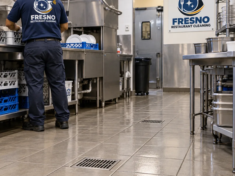 Cleaned commercial kitchen floor near a dish station with reduced haze around floor drains