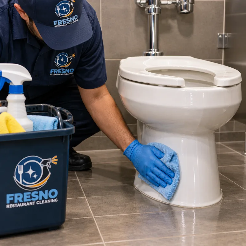 Cleaned commercial toilet and base area with wiped exterior surfaces and clean floor edges