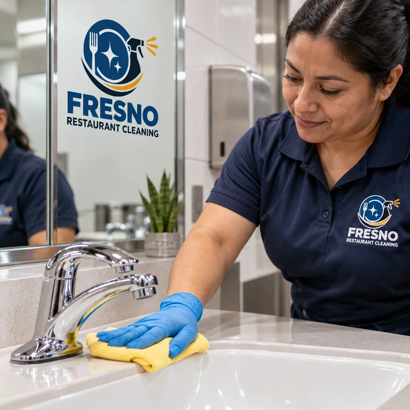 Freshly cleaned commercial restroom sink with polished faucet, clean basin, and streak-free mirror