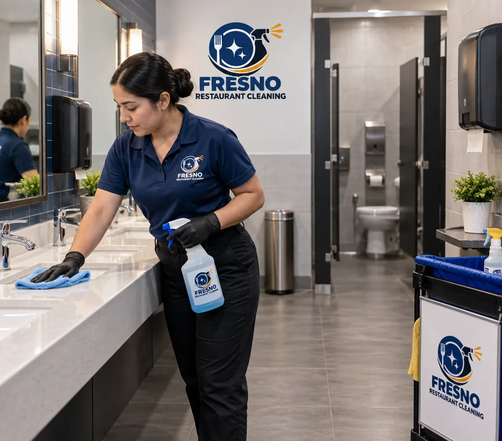Spotless working restaurant restroom with cleaned sinks, mirrors, toilets, and stocked dispensers