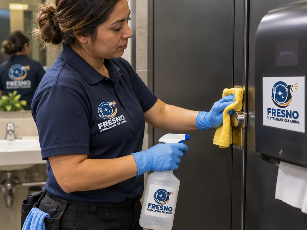Cleaner wearing gloves disinfecting stall hardware and a dispenser with labeled products and color-coded cloths