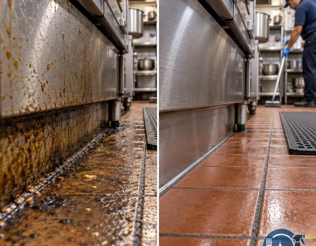 Before-and-after comparison of a greasy cook-line floor edge following degreasing and detail work