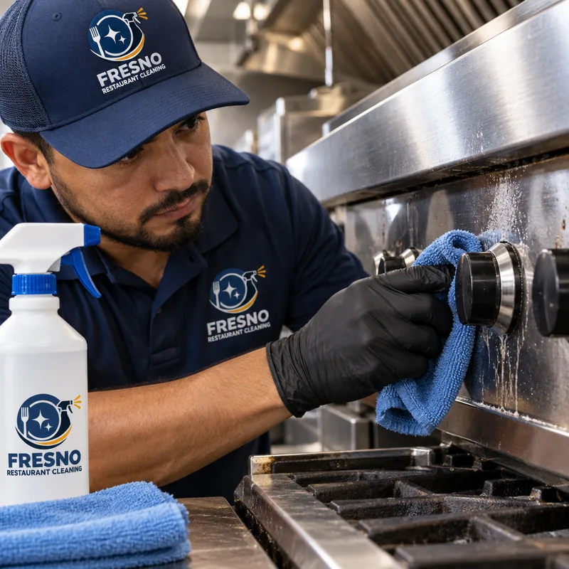 Detailed degreasing of a stainless backsplash and controls near a commercial range