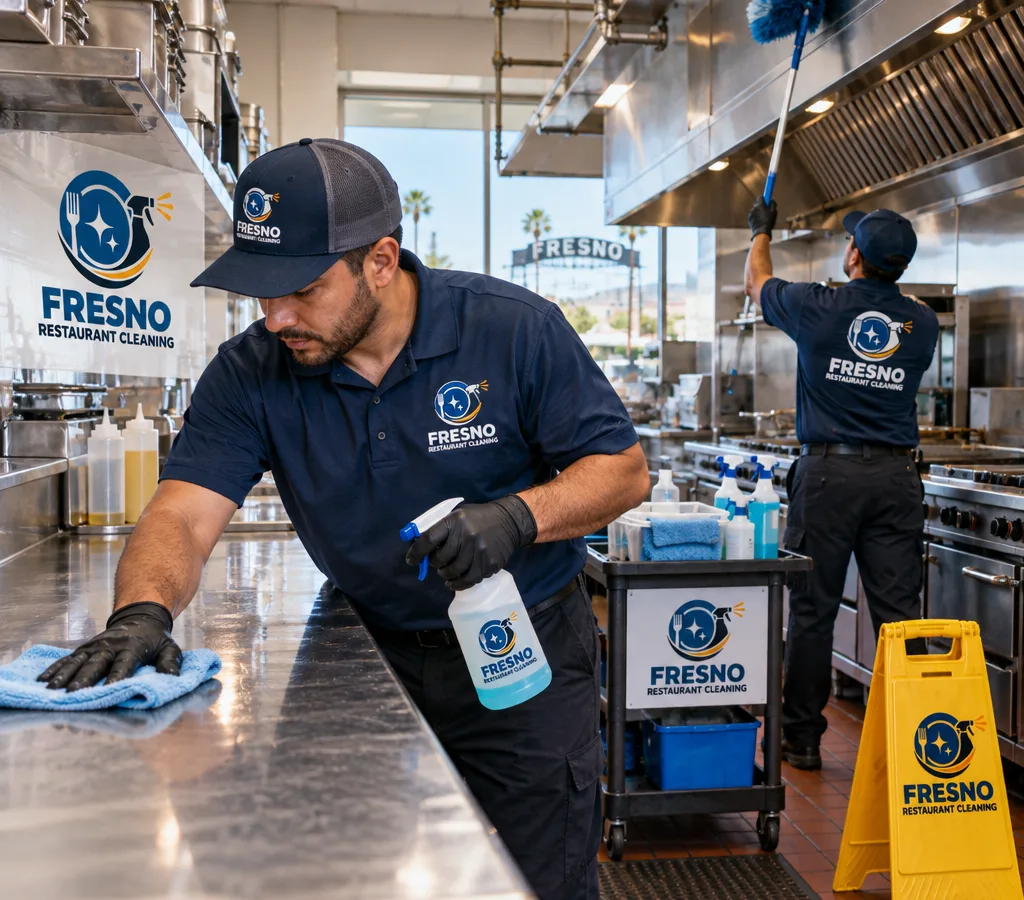 Technicians cleaning stainless kitchen surfaces and safely high dusting above a commercial cooking line