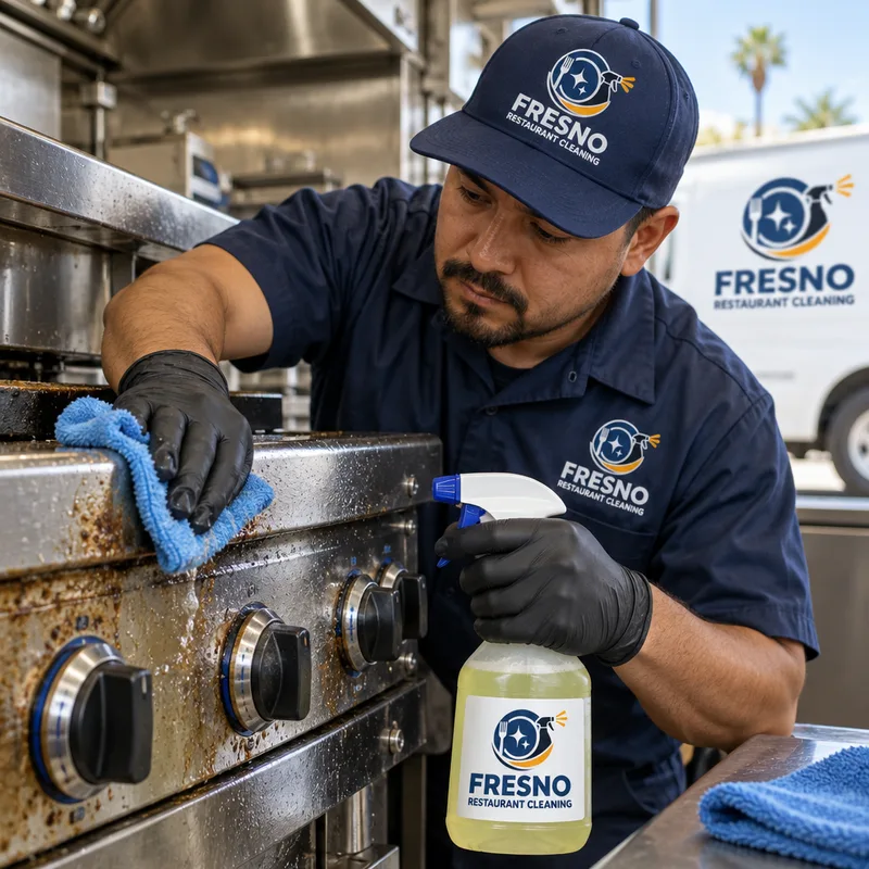 Technician cleaning grease from commercial stainless cooking equipment using labeled degreaser and microfiber cloths
