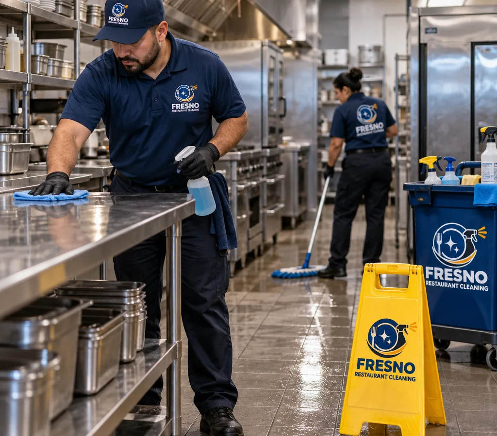 After-hours cleaner sanitizing stainless prep tables and mopping a commercial restaurant kitchen with caution signage visible