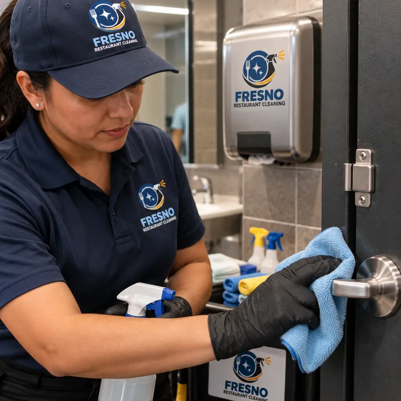 Cleaner sanitizing restroom dispensers, a door handle, and a partition latch with color-coded cloths