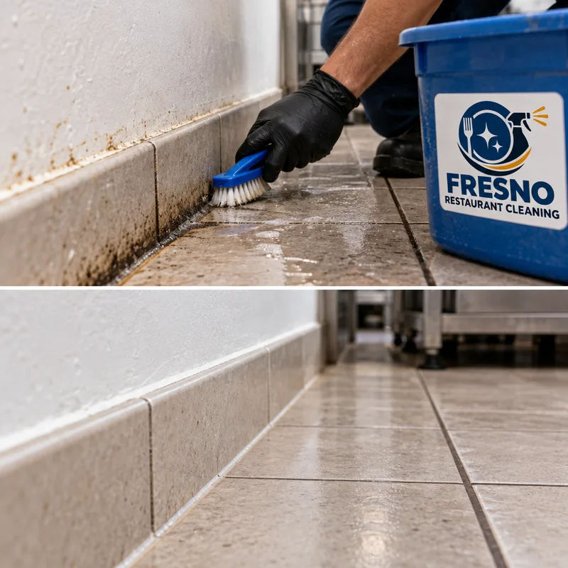 Cleaned tile-and-grout kitchen floor edge with the dark grease line removed along the baseboard