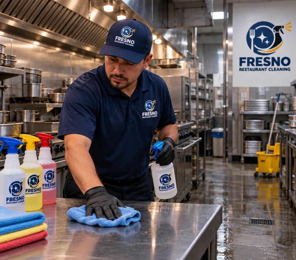 After-hours restaurant cleaner wiping a stainless prep table near the hood line while the kitchen floor is wet-mopped