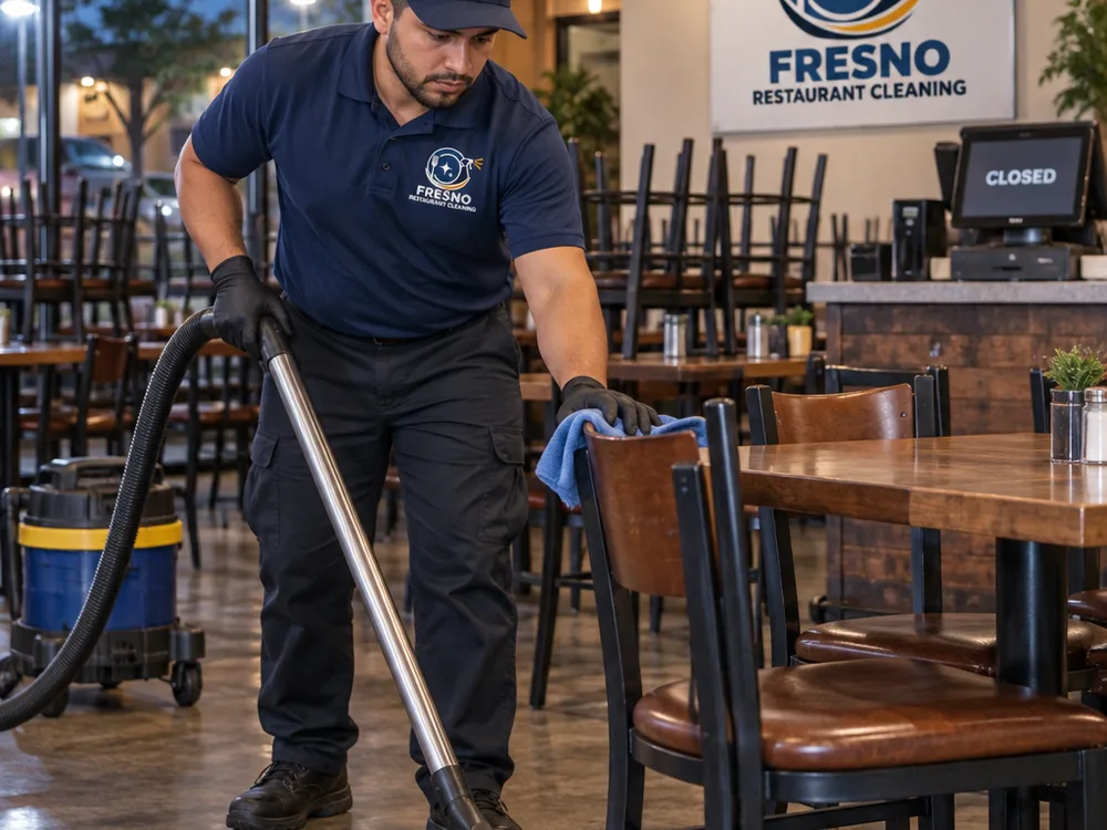 Cleaner detailing a restaurant dining area after close by vacuuming under tables and wiping chairs