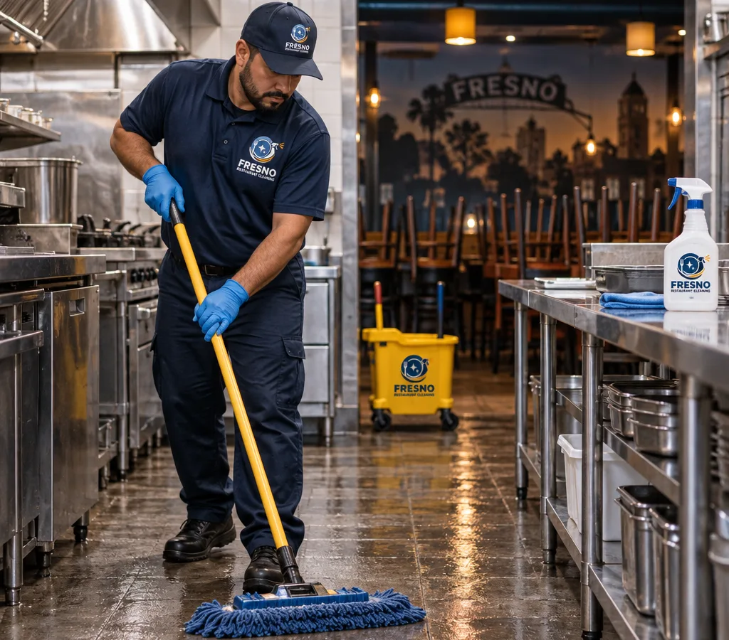 Cleaner mopping a commercial restaurant kitchen near stainless prep tables after service hours