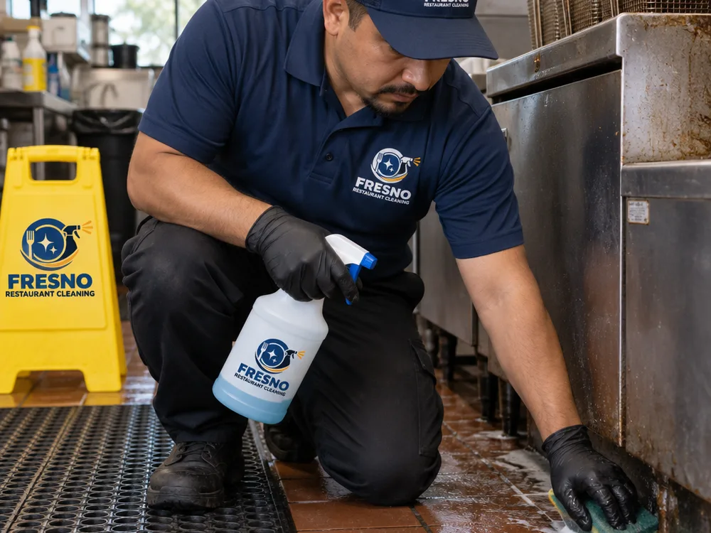 Technician detailing greasy floor edges near a commercial fryer line with wet floor signage in place