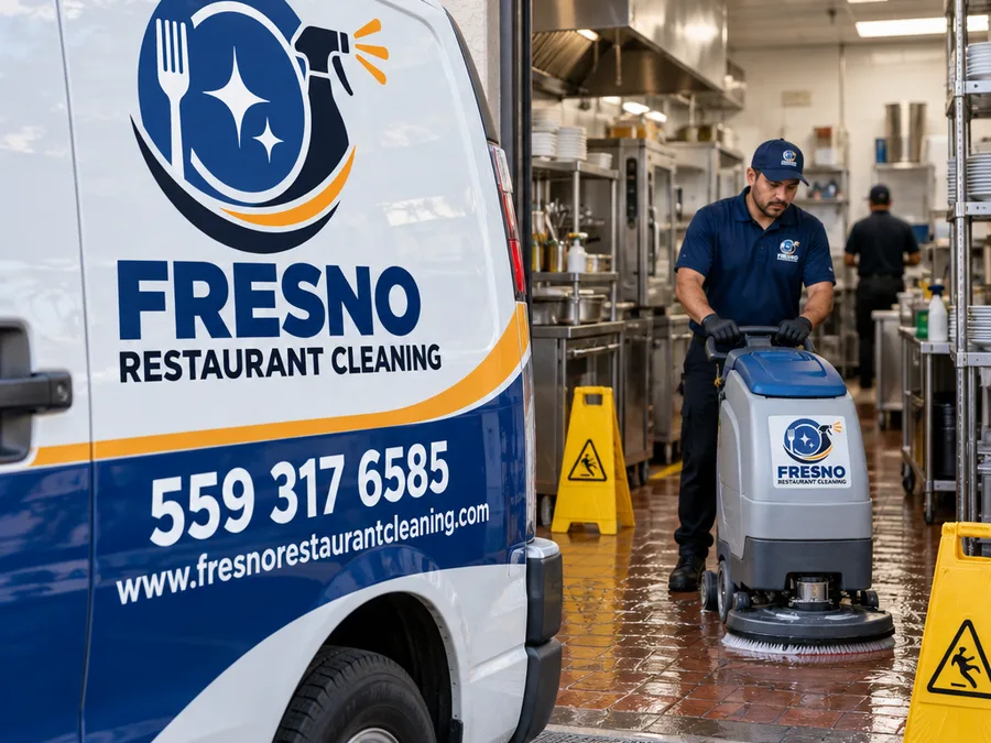 Technician operating a floor scrubber in a commercial kitchen aisle with caution signs in place