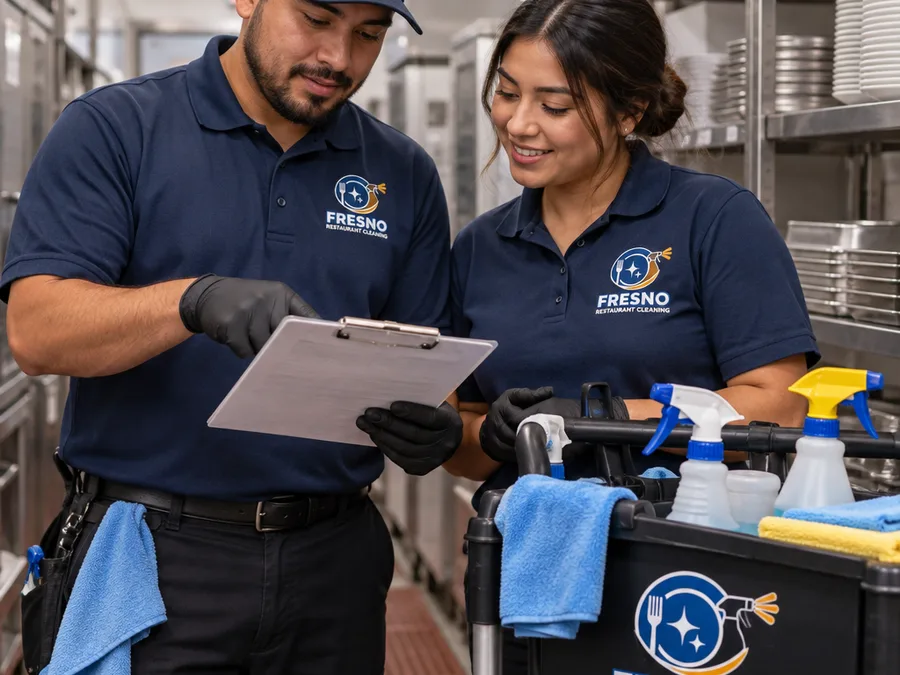 Two uniformed restaurant cleaners reviewing a printed checklist and supplies before an after-hours shift