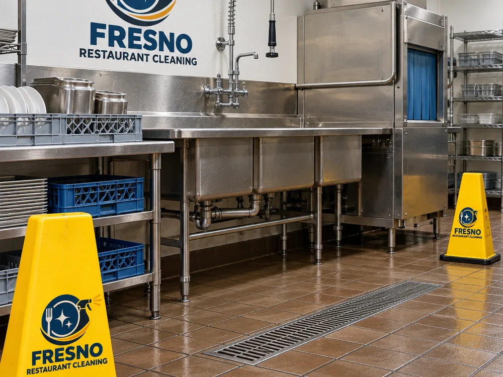 Professional restroom cleaning setup with labeled disinfectants, mop bucket, and color-coded microfiber cloths